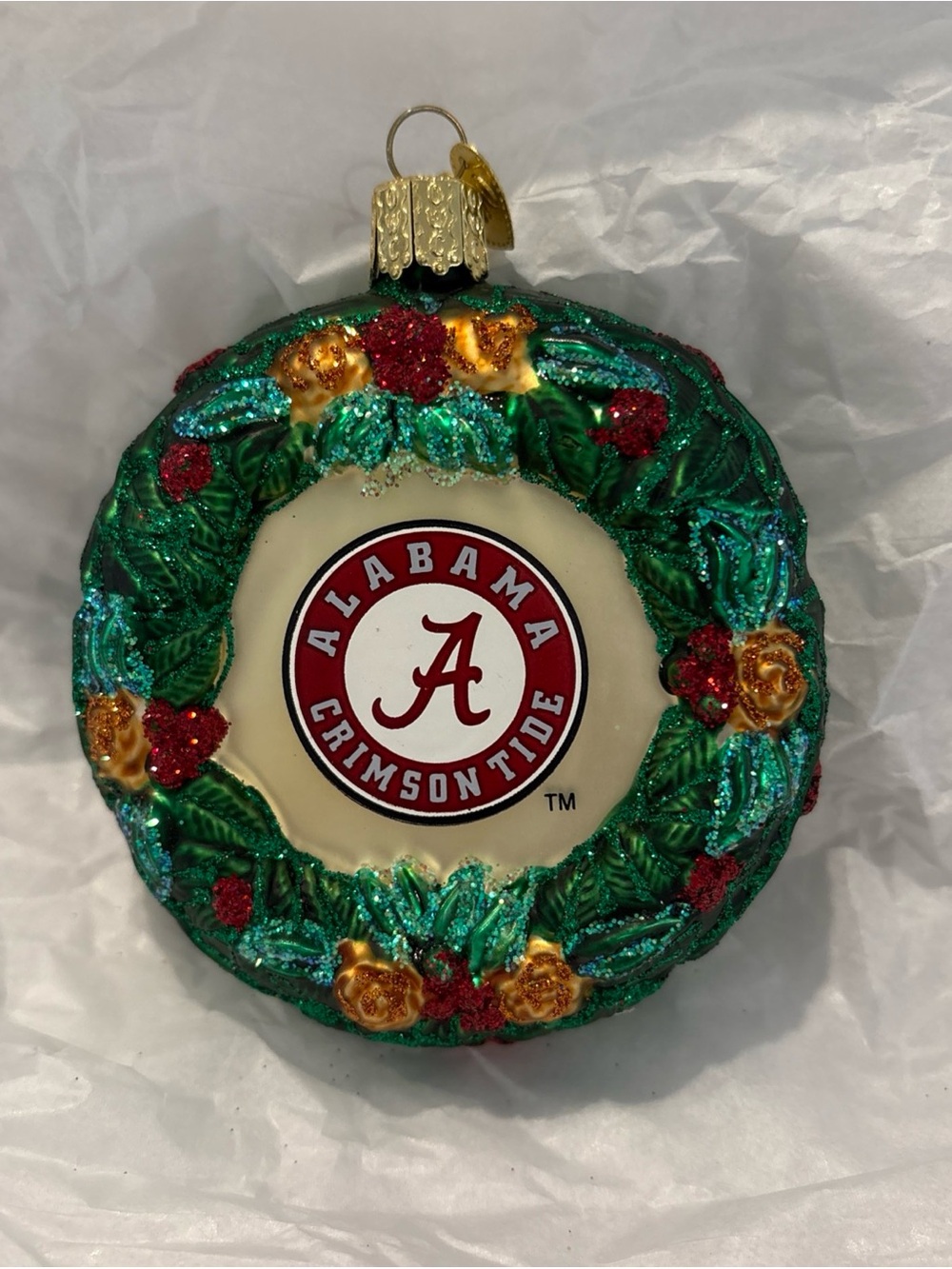 OWC Alabama Crimson Tide Green Wreath Glass Ornament - Team Holiday Decor